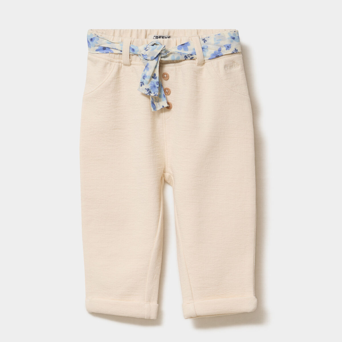Pantalon cigarette en maille &agrave; ceinture creme b&eacute;b&eacute; fille