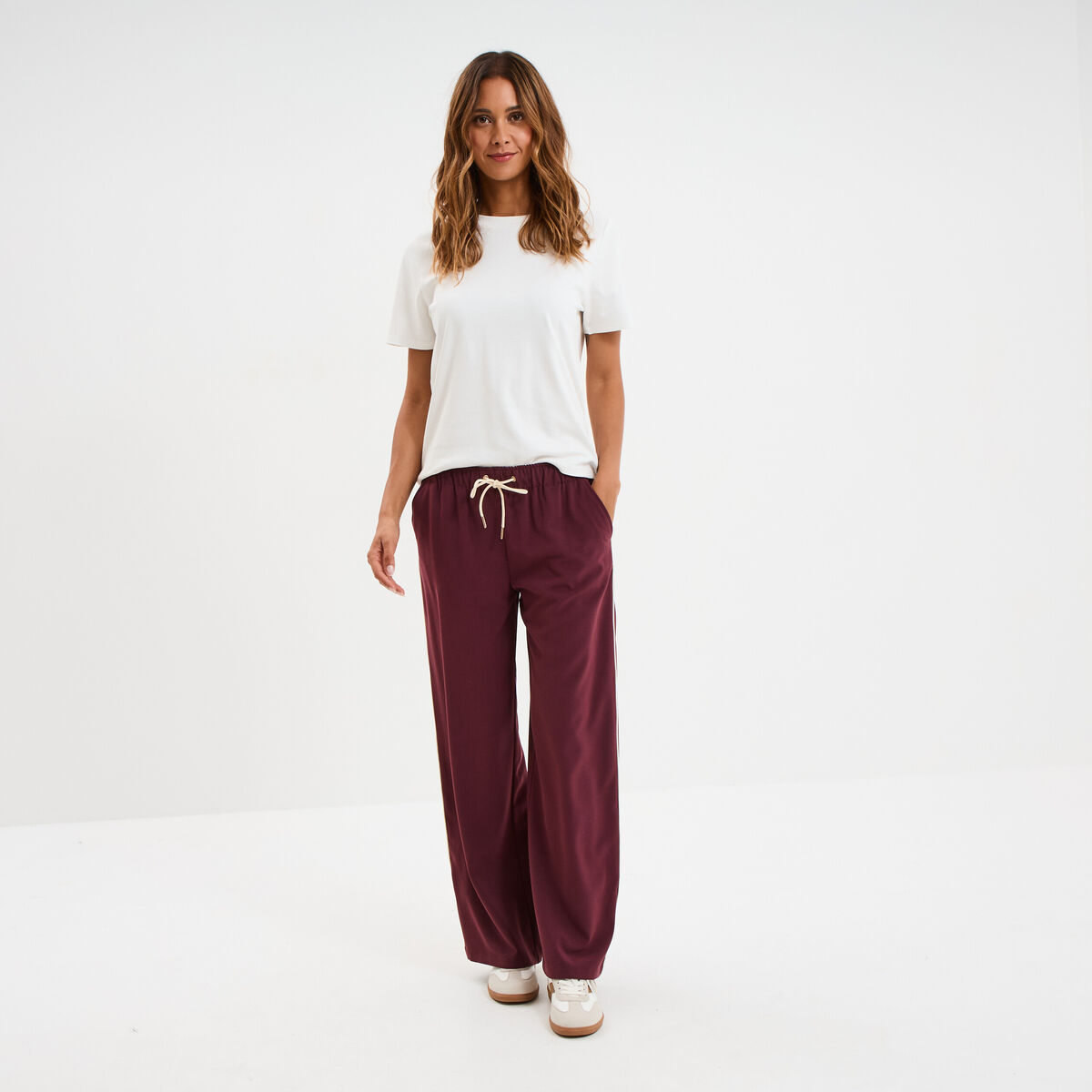Pantalon fluide élastiqué bandes côtés violet foncé femme