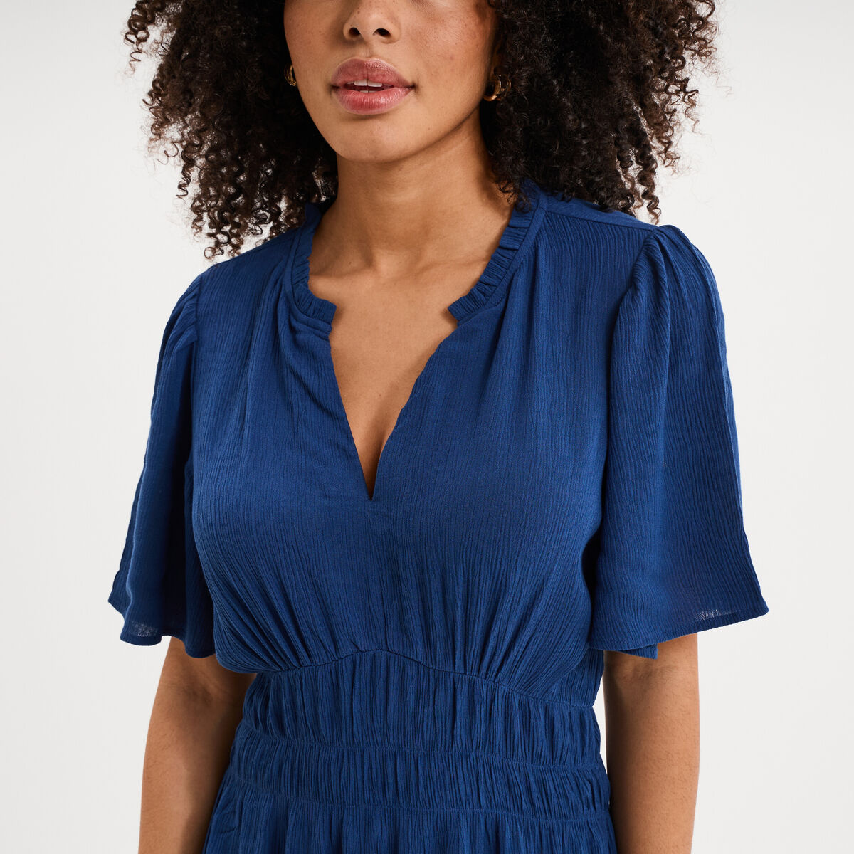Robe longue col tunisien manches courtes bleu marine femme