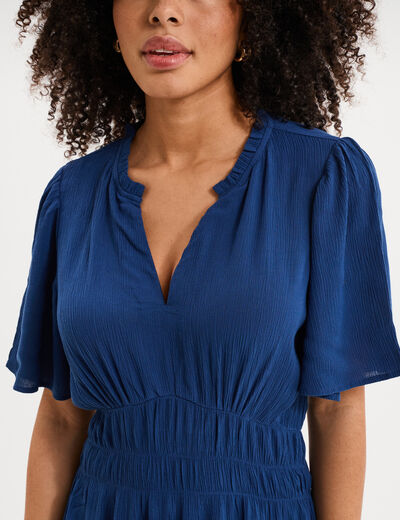 Robe longue col tunisien manches courtes bleu marine femme