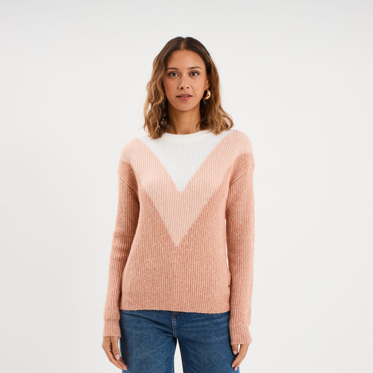 Pull manches longues col rond rose clair femme
