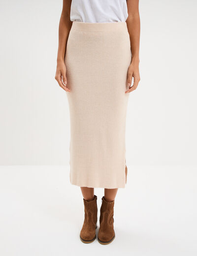 Jupe longue tricot ajust&eacute;e beige femme