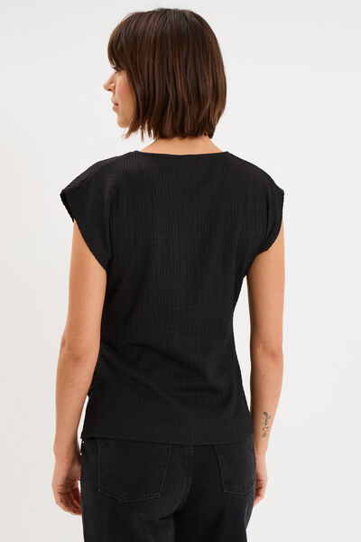 T-shirt fronc&eacute; gaufr&eacute; manches courtes noir femme