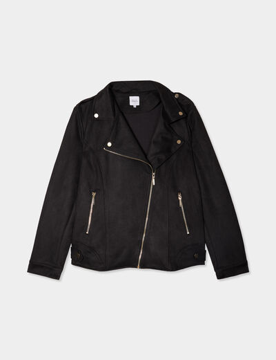 Blouson zippé effet suédine style biker noir femme grande taille