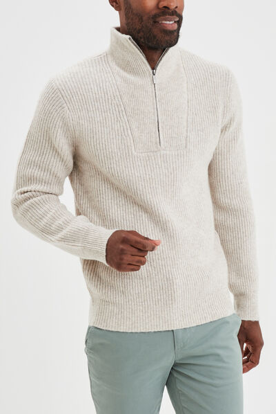 Pull avec col camionneur côtelé beige homme