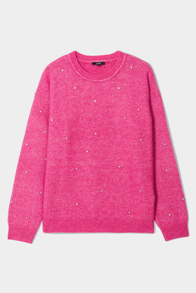 Pull col rond manches longues à strass rose fushia femme