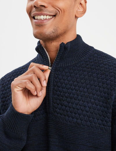 Pull col camionneur zipp&eacute; bleu fonc&eacute; homme