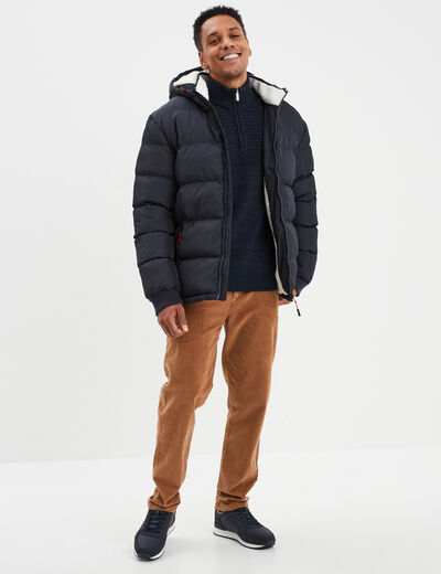 Pull col camionneur zipp&eacute; bleu fonc&eacute; homme