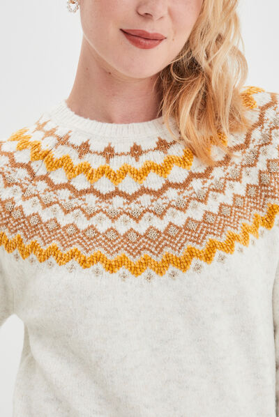 Pull jacquard col rond Creeks blanc femme