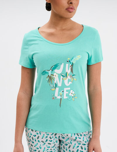 Ensemble pyjama corsaire 2 pièces coton bleu turquoise femme