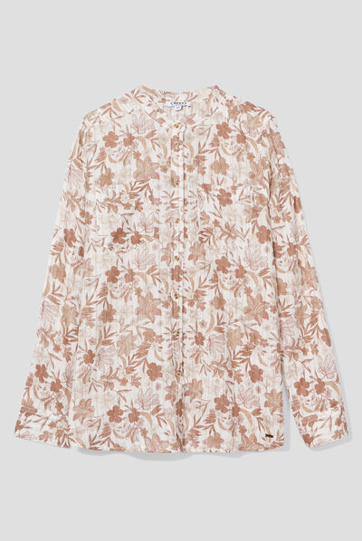 Chemise manches longues col mao creme femme