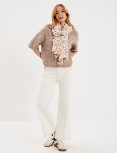 Pull col rond manches courtes beige femme