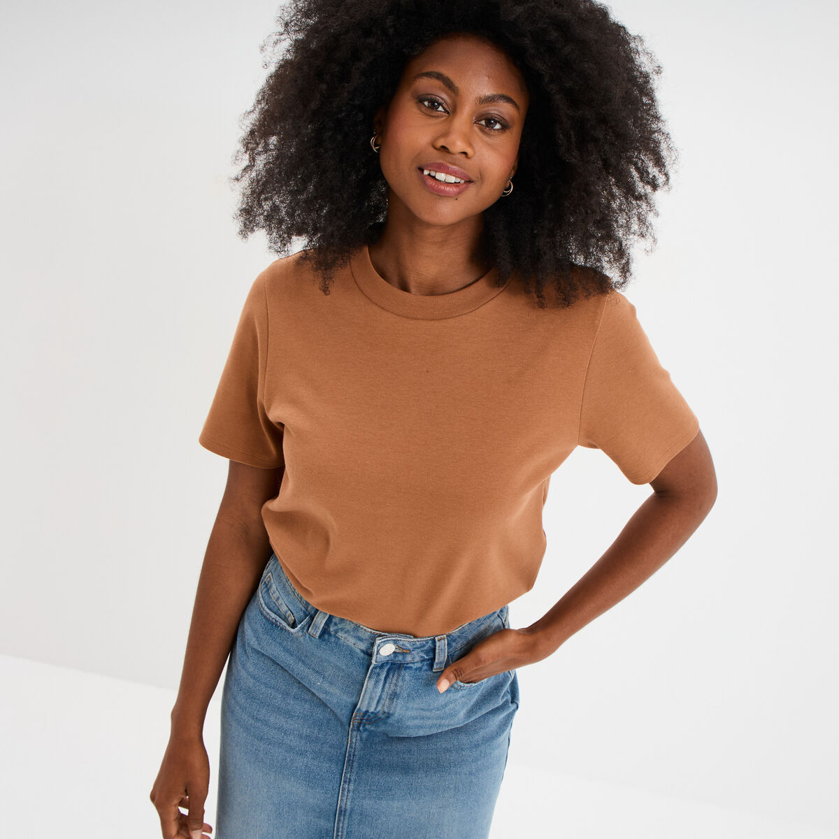 T-shirt col rond manches courtes coton marron clair femme