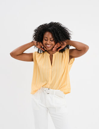 Blouse sans manches col tunisien coton jaune clair femme