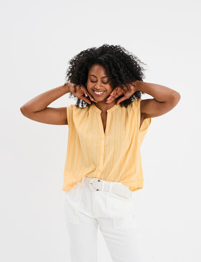 Blouse sans manches col tunisien coton jaune clair femme