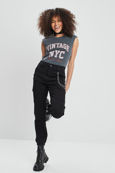 Pantalon cargo avec chaîne noir femme