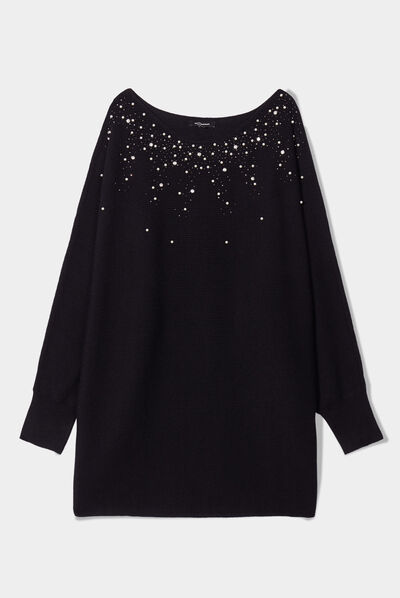 Pull perles et strass au col noir femme