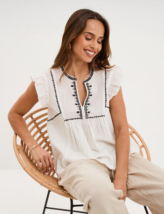 Blouse brod&eacute;e &agrave; volants coton blanc femme