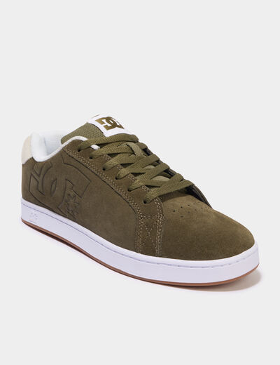 Tennis basses en cuir &agrave; lacets vert kaki homme