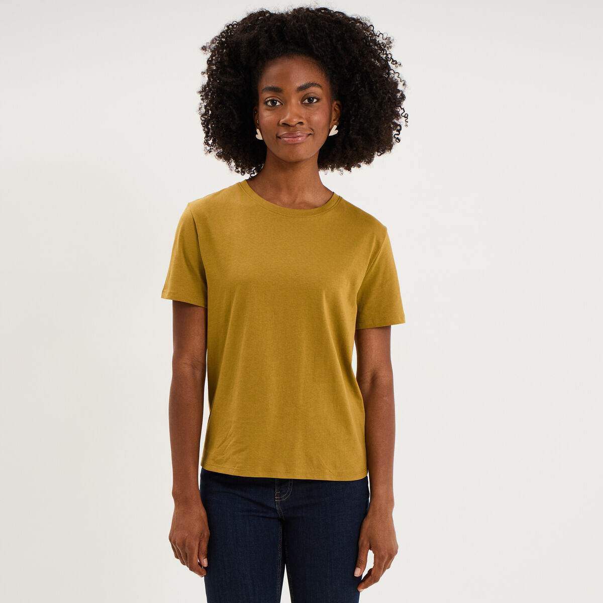 T-shirt col rond manches courtes coton vert olive femme