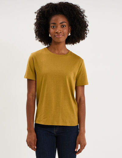 T-shirt col rond manches courtes coton vert olive femme