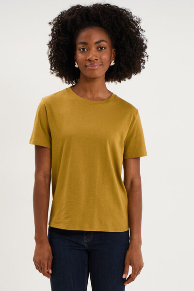 T-shirt col rond manches courtes coton vert olive femme
