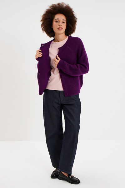 Gilet cardigan col rond boutonn&eacute; violet fonc&eacute; femme