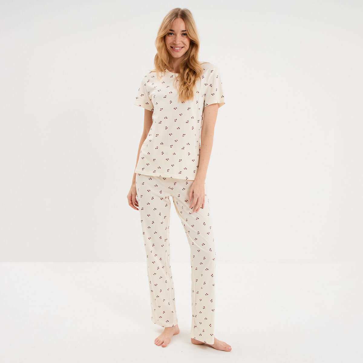 Ensemble pyjama t-shirt pantalon coton ecru femme