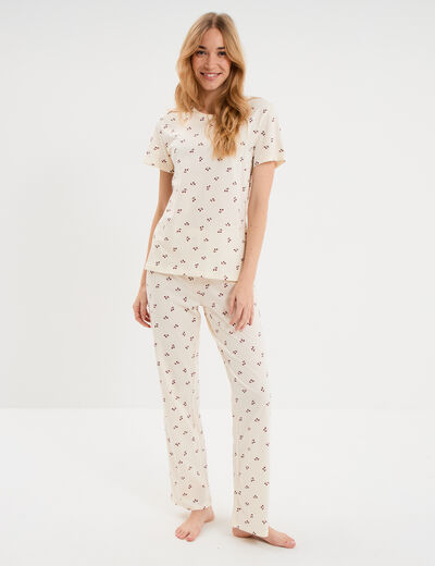 Ensemble pyjama t-shirt pantalon coton ecru femme
