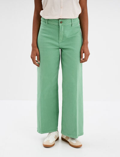 Pantalon flare 7/8ème taille haute coton vert menthe femme