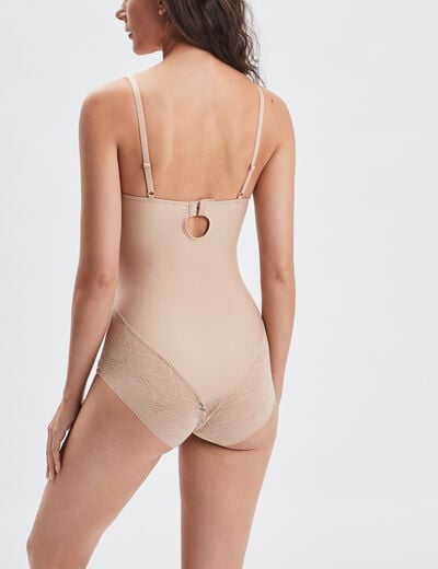 Body effet gainant micro dentelle beige femme