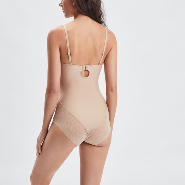 Body effet gainant micro dentelle beige femme