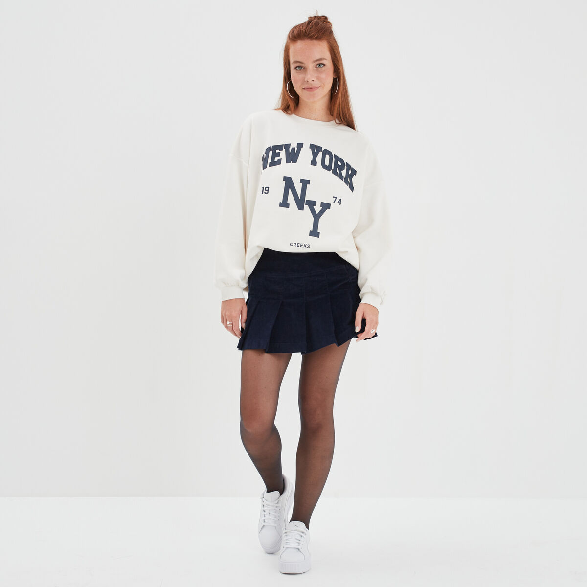 Sweat oversize mi-long col rond Creeks creme femme