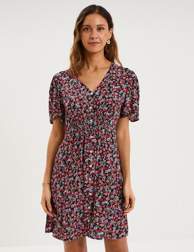 Robe fluide manches courtes col en V noir femme