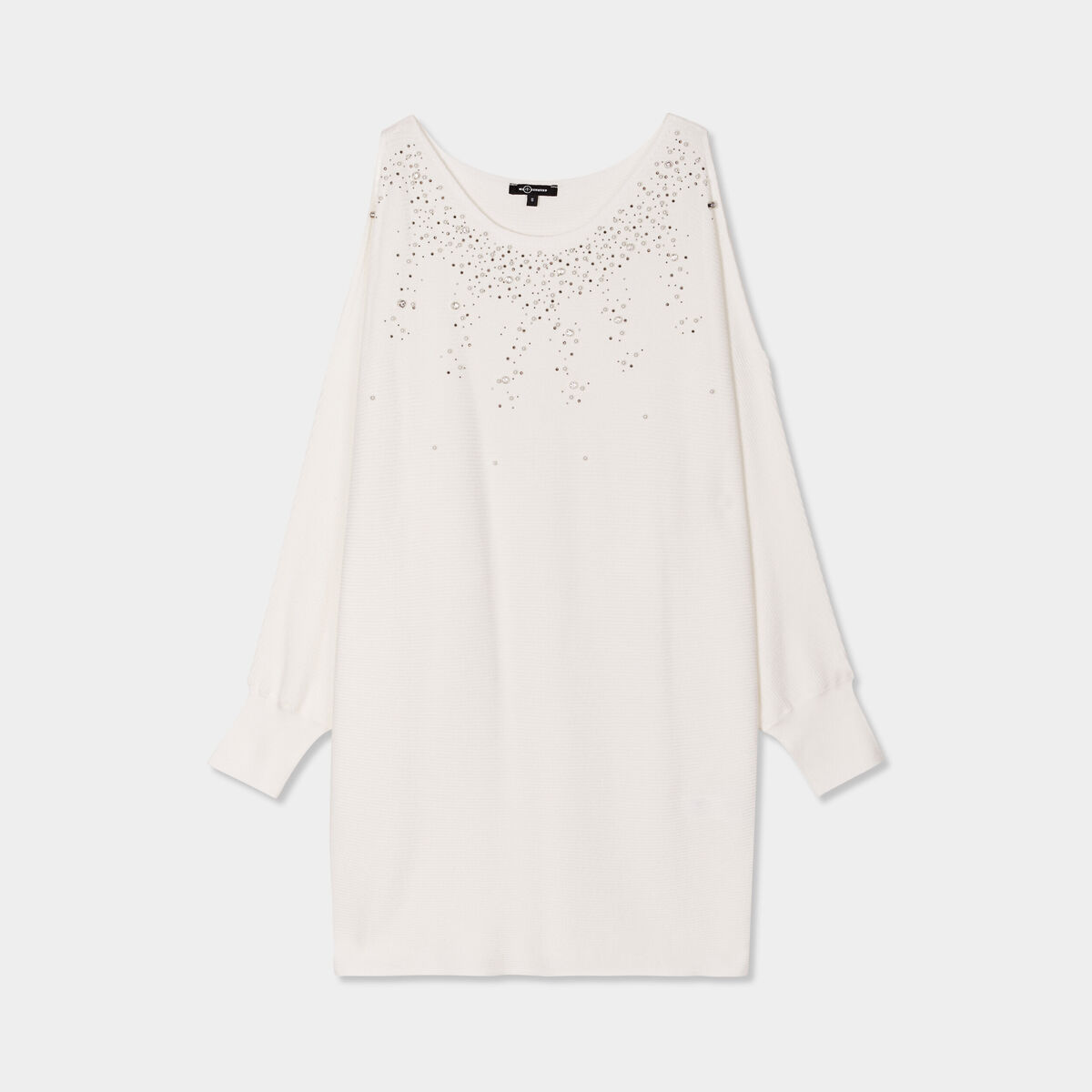 Pull perles et strass au col blanc femme