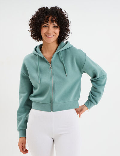 Sweat zippé à capuche court bleu gris femme