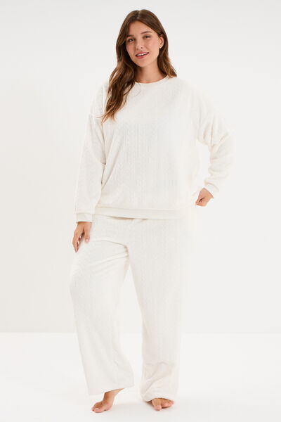 Pantalon effet velours d&eacute;tails torsades blanc femme grande taille