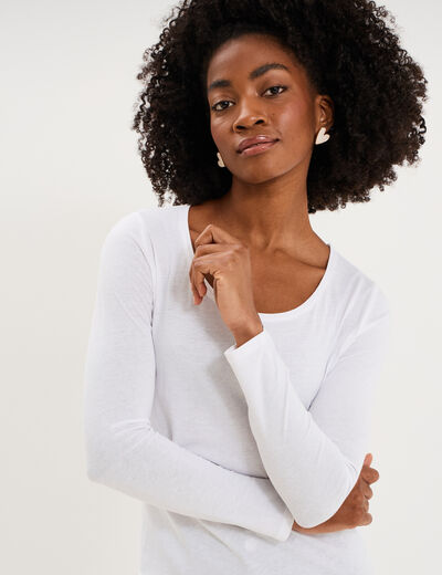 T-shirt coton col rond manches longues blanc femme