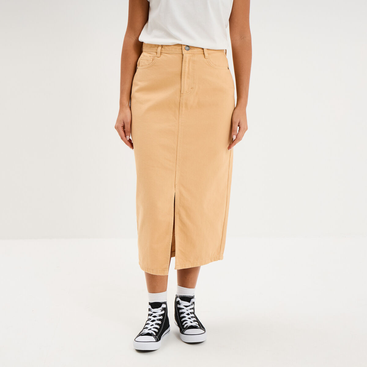 Jupe en jean longue fendue droite beige femme
