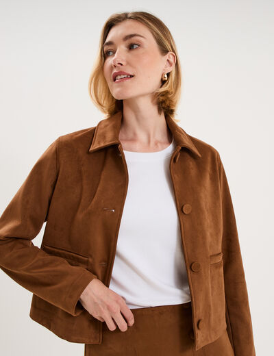Veste paletot en su&eacute;dine boutonn&eacute;e camel femme