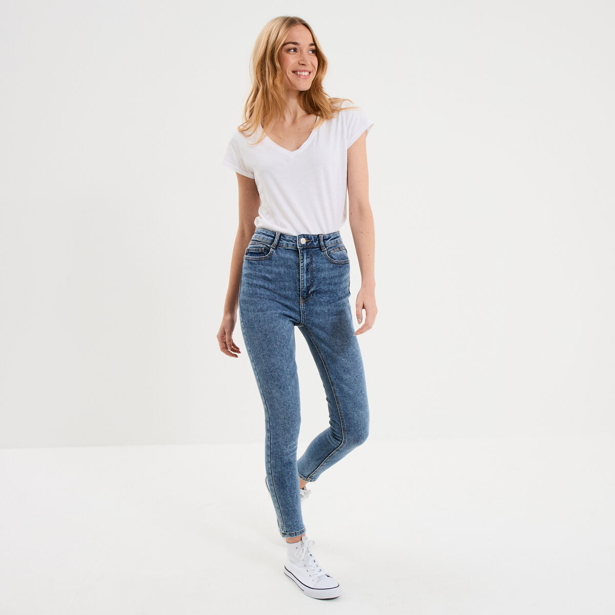 Jeans skinny taille haute cropped denim stone femme