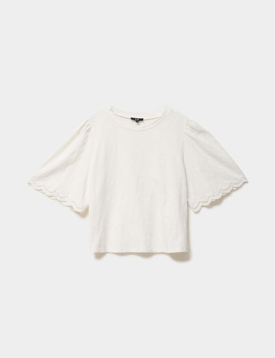 T-shirt brod&eacute; manches courtes coton blanc femme