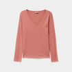 T-shirt col en V manches longues coton vieux rose femme