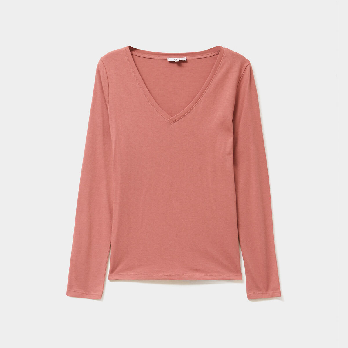 T-shirt col en V manches longues coton vieux rose femme