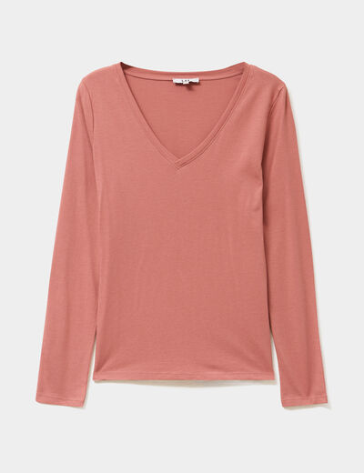 T-shirt col en V manches longues coton vieux rose femme