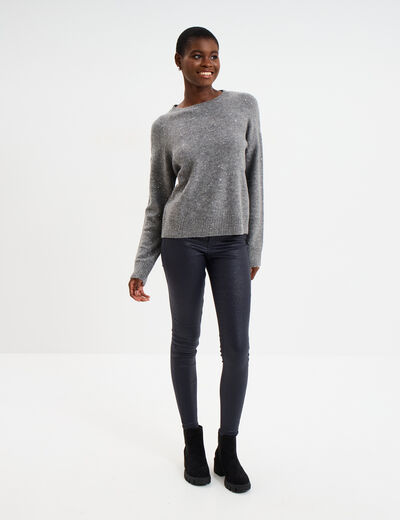 Pull col rond paillettes fils m&eacute;tallis&eacute;s gris femme