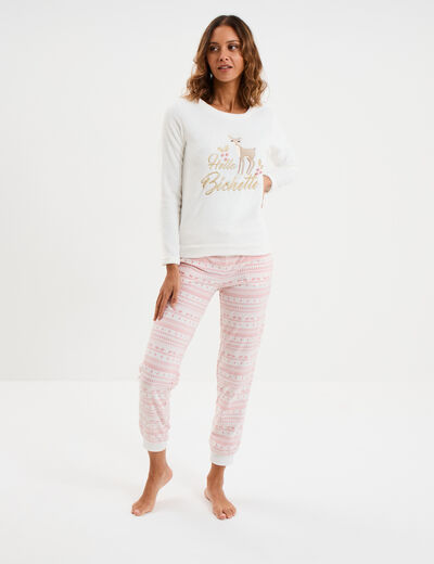 Ensemble pyjama effet velours 2 pi&egrave;ces blanc femme