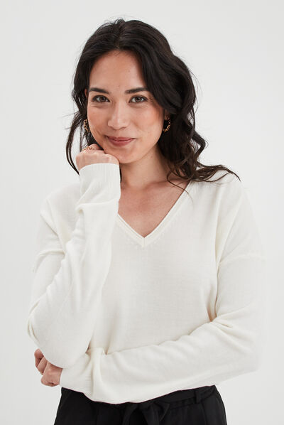 Pull col en V manches longues blanc femme