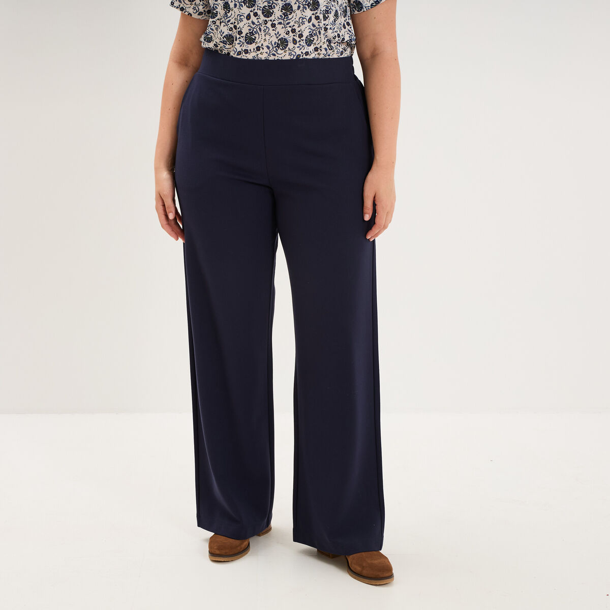 Pantalon large taille haute bleu fonc&eacute; femme grande taille