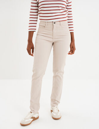 Pantalon slim en coton elasthanne beige femme